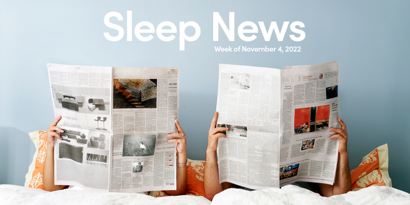 Two people sitting up in bed reading newspapers. Text reads: Sleep News Week of November 4, 2022