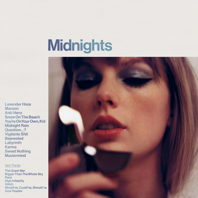 Midnights album cover with a close up of Taylor Swift's face with her holding a lighter in front of her.