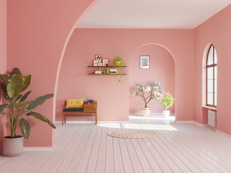 A Spanish villa in retro-style pink. Curved ceilings are one of the interior design trends to watch for in 2022. 