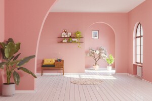 A Spanish villa in retro-style pink. Curved ceilings are one of the interior design trends to watch for in 2022. 